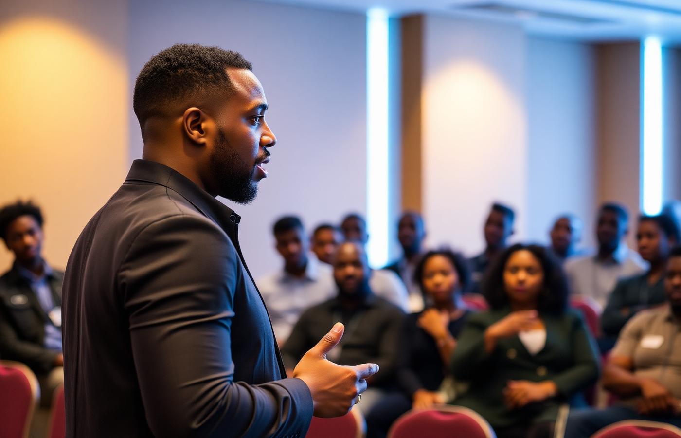 A speaker leading a BWF Trade School workshop for a room of adult participants