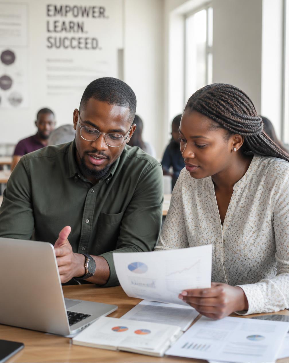 Two Black adult students collaborating during a BWF Trade School class