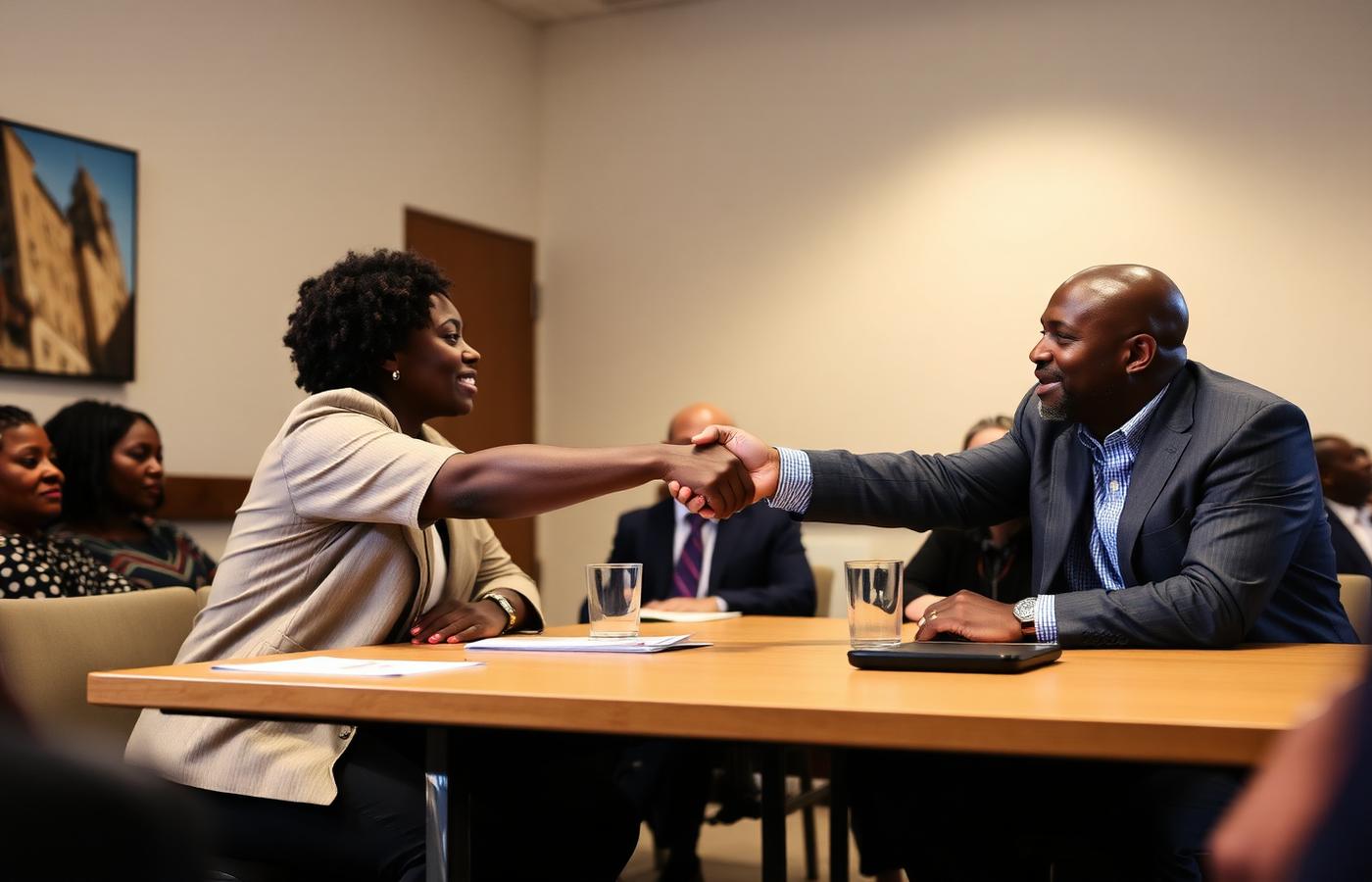 Two professionals shaking hands during a partnership meeting
